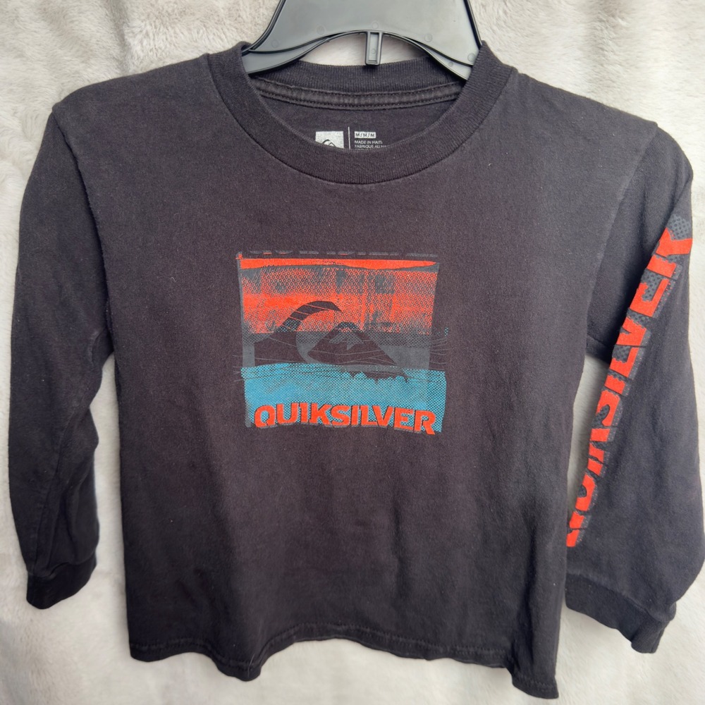 Quiksilver Kids Black Long Sleeve Graphic T-Shirt Boys Medium Surf Logo Tee‎